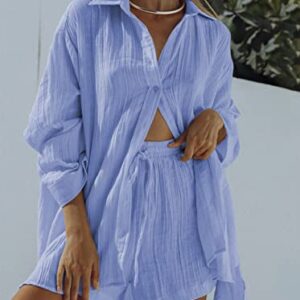 Meenew Women's Summer Matching Set 2 Piece Shorts Set Long Sleeve PJ Set Beach Outfits Button Down Set XL