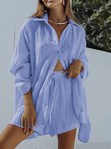 Meenew Women's Summer Matching Set 2 Piece Shorts Set Long Sleeve PJ Set Beach Outfits Button Down Set XL