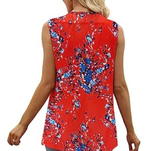 MIDOSOO Summer Tank Tops for Women Elegant Chiffon Sleeveless Shirts Fold Pleated Blouses Floral Red Medium