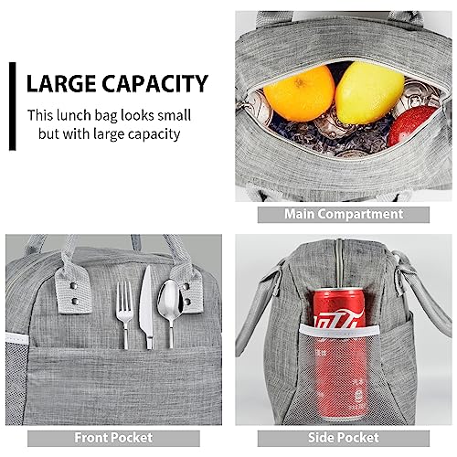 Lunch Bag for Women Men Insulated Reusable Lunch Box Tote Bag, Leakproof Cooler Cute Lunch Box Handbags for Office Work, Home, Picnic Beach or Travel - Grey