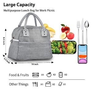 Lunch Bag for Women Men Insulated Reusable Lunch Box Tote Bag, Leakproof Cooler Cute Lunch Box Handbags for Office Work, Home, Picnic Beach or Travel - Grey