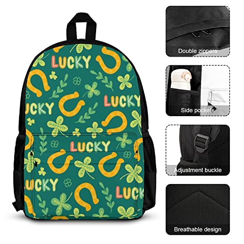 DamTma Clover Green Horseshoe Backpack Set 3 Piece Bookbags St Patrick's Day Bookbags Set Lunchbox Pencil Case Laptop Backpack Travel Backpack 3pcs