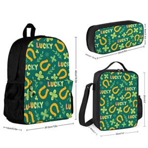 DamTma Clover Green Horseshoe Backpack Set 3 Piece Bookbags St Patrick's Day Bookbags Set Lunchbox Pencil Case Laptop Backpack Travel Backpack 3pcs