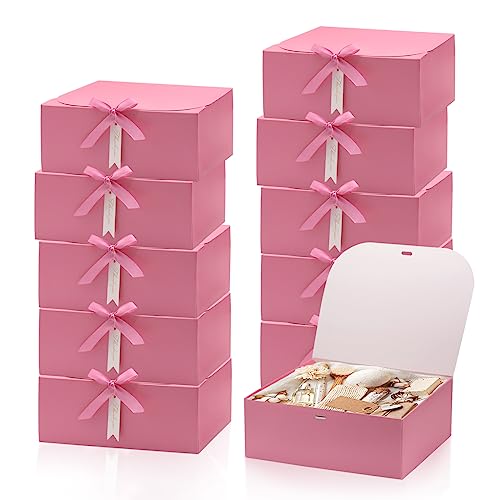 12Sets Gift Boxes with Lids,10x8x4inch Large White Paper Present Box,Bridesmaid Proposal Box with Ribbon Thank You Card,for Wedding Anniversaries Birthdays Baby Shower Christmas Thanksgiving (Pink)