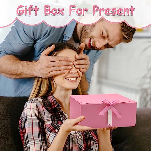 12Sets Gift Boxes with Lids,10x8x4inch Large White Paper Present Box,Bridesmaid Proposal Box with Ribbon Thank You Card,for Wedding Anniversaries Birthdays Baby Shower Christmas Thanksgiving (Pink)