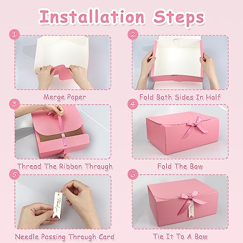 12Sets Gift Boxes with Lids,10x8x4inch Large White Paper Present Box,Bridesmaid Proposal Box with Ribbon Thank You Card,for Wedding Anniversaries Birthdays Baby Shower Christmas Thanksgiving (Pink)