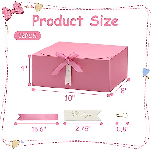 12Sets Gift Boxes with Lids,10x8x4inch Large White Paper Present Box,Bridesmaid Proposal Box with Ribbon Thank You Card,for Wedding Anniversaries Birthdays Baby Shower Christmas Thanksgiving (Pink)