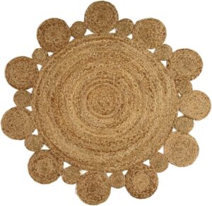 gruhum handwoven 6ft jute area rug natural fiber round boho farmhouse rustic vintage soft braided reversible eco friendly rugs for indoor outdoor kitchen bedroom living room hallways (6' ft round)