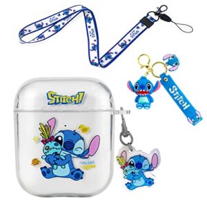 cute stith for airpods 2/1 case with lanyard keychain, cartoon funny anime for air pod cover, clear shockproof soft silicone protective skin for boys girls womens