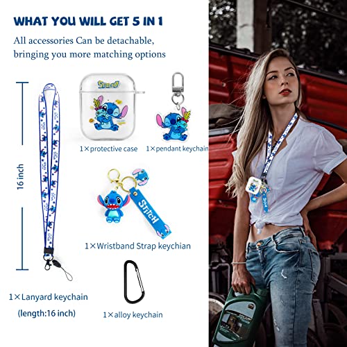 Cute Stith for AirPods 2/1 Case with Lanyard Keychain, Cartoon Funny Anime for Air pod Cover, Clear Shockproof Soft Silicone Protective Skin for Boys Girls Womens