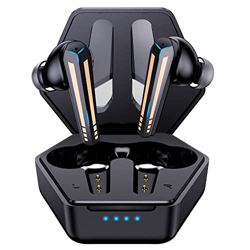 kurdene G03 Wireless Earbuds Bluetooth 5.3 Headphones with 45ms Ultra Low-Latency Deep Bass for Music/Game Mode, Built-in Microphones with Breathing Light Effect and Wireless Charging Case-Black