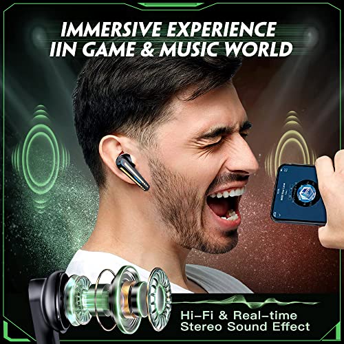 kurdene G03 Wireless Earbuds Bluetooth 5.3 Headphones with 45ms Ultra Low-Latency Deep Bass for Music/Game Mode, Built-in Microphones with Breathing Light Effect and Wireless Charging Case-Black