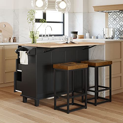 Merax Kitchen Island Set with 2 Stools, Solid Wood Dining Table with Drop Leaf Design, Storage Cabinet, Drawers and Towel Rack, 50.3" x 29.5", Black