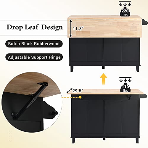 Merax Kitchen Island Set with 2 Stools, Solid Wood Dining Table with Drop Leaf Design, Storage Cabinet, Drawers and Towel Rack, 50.3" x 29.5", Black