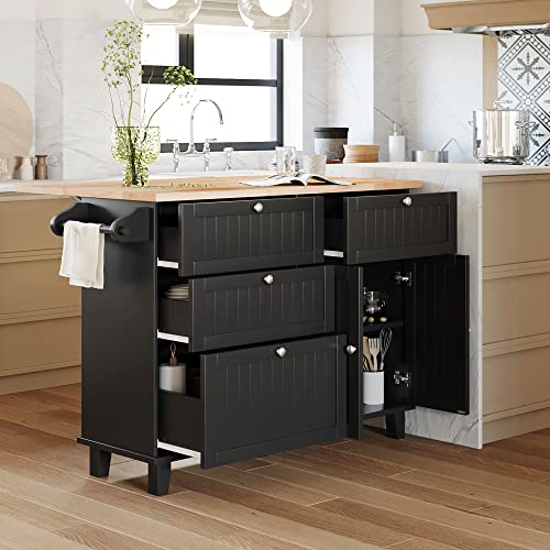 Merax Kitchen Island Set with 2 Stools, Solid Wood Dining Table with Drop Leaf Design, Storage Cabinet, Drawers and Towel Rack, 50.3" x 29.5", Black