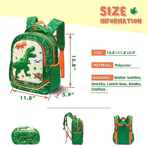 WAWSAM Dinosaur Backpack for Boys - 15” Green Boys School Backpack for Kids Preschool Kindergarten Elementary Schoolbag Book Shoulder Bags Hiking Travel Picnic Casual Backpack with Chest Strap