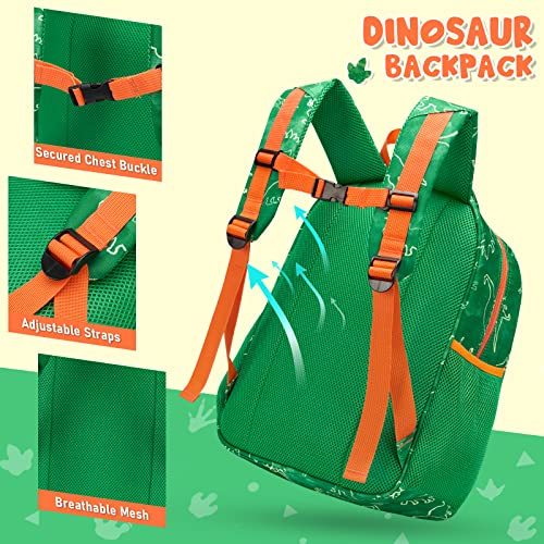 WAWSAM Dinosaur Backpack for Boys - 15” Green Boys School Backpack for Kids Preschool Kindergarten Elementary Schoolbag Book Shoulder Bags Hiking Travel Picnic Casual Backpack with Chest Strap