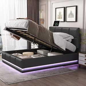 p purlove upholstered platform bed queen with adjustable height headboard and hydraulic storage system, pu storage bed frame with led lights, usb charging ports and slats, no box spring needed (black)