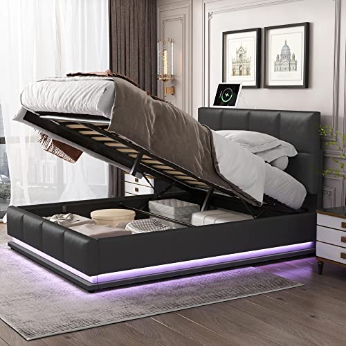 P PURLOVE Upholstered Platform Bed Queen with Adjustable Height Headboard and Hydraulic Storage System, PU Storage Bed Frame with LED Lights, USB Charging Ports and Slats, No Box Spring Needed (Black)