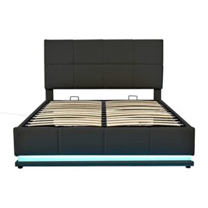 P PURLOVE Upholstered Platform Bed Queen with Adjustable Height Headboard and Hydraulic Storage System, PU Storage Bed Frame with LED Lights, USB Charging Ports and Slats, No Box Spring Needed (Black)