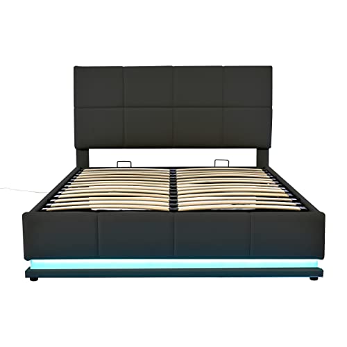 P PURLOVE Upholstered Platform Bed Queen with Adjustable Height Headboard and Hydraulic Storage System, PU Storage Bed Frame with LED Lights, USB Charging Ports and Slats, No Box Spring Needed (Black)