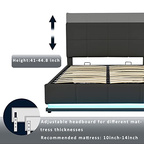 P PURLOVE Upholstered Platform Bed Queen with Adjustable Height Headboard and Hydraulic Storage System, PU Storage Bed Frame with LED Lights, USB Charging Ports and Slats, No Box Spring Needed (Black)