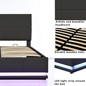 P PURLOVE Upholstered Platform Bed Queen with Adjustable Height Headboard and Hydraulic Storage System, PU Storage Bed Frame with LED Lights, USB Charging Ports and Slats, No Box Spring Needed (Black)