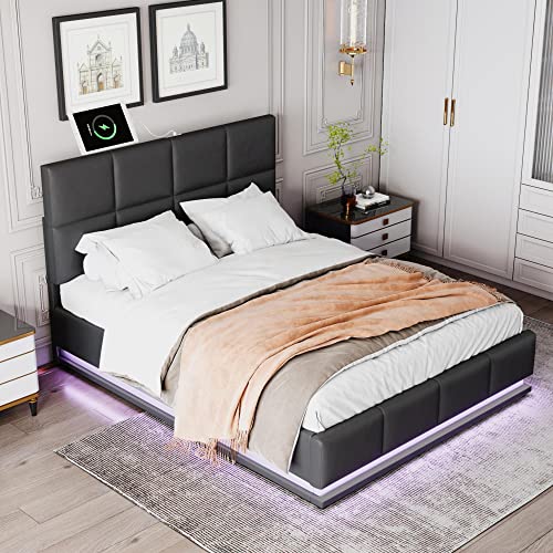 P PURLOVE Upholstered Platform Bed Queen with Adjustable Height Headboard and Hydraulic Storage System, PU Storage Bed Frame with LED Lights, USB Charging Ports and Slats, No Box Spring Needed (Black)