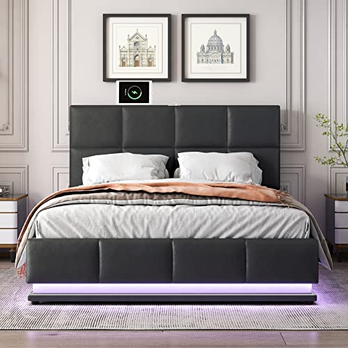 P PURLOVE Upholstered Platform Bed Queen with Adjustable Height Headboard and Hydraulic Storage System, PU Storage Bed Frame with LED Lights, USB Charging Ports and Slats, No Box Spring Needed (Black)