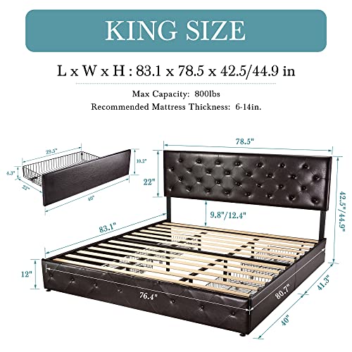 HOOMIC King Platform Storage Bed Frame with 4 Drawers & Adjustable Headboard, Wooden Slats, No Box Spring Needed,Diamond Stitched Button Tufted Design, Noise Free, Black Brown
