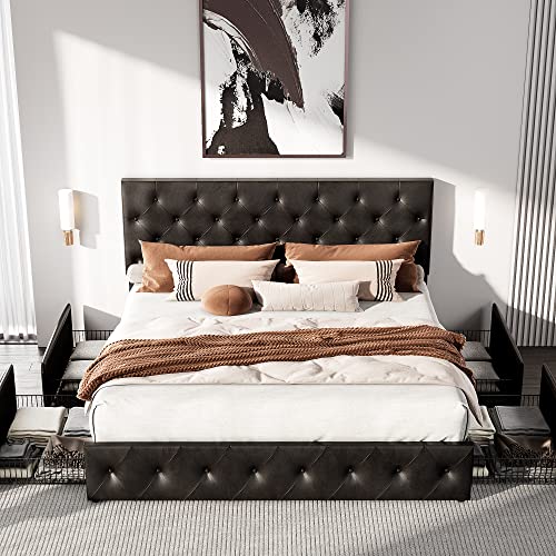 HOOMIC King Platform Storage Bed Frame with 4 Drawers & Adjustable Headboard, Wooden Slats, No Box Spring Needed,Diamond Stitched Button Tufted Design, Noise Free, Black Brown