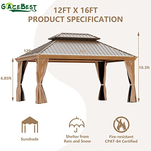 GAZEBEST 12' X 16' Permanent Hardtop Gazebo, Outdoor Galvanized Steel Double Roof Pavilion Canopy with Wood-Grain Coated Aluminum Frame and Privacy Curtains for Garden Patio,Backyard,Deck and Lawns