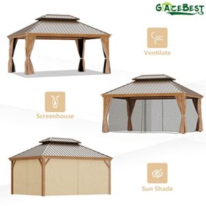 GAZEBEST 12' X 16' Permanent Hardtop Gazebo, Outdoor Galvanized Steel Double Roof Pavilion Canopy with Wood-Grain Coated Aluminum Frame and Privacy Curtains for Garden Patio,Backyard,Deck and Lawns