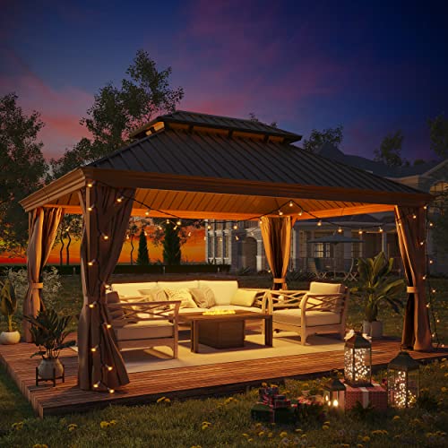 GAZEBEST 12' X 16' Permanent Hardtop Gazebo, Outdoor Galvanized Steel Double Roof Pavilion Canopy with Wood-Grain Coated Aluminum Frame and Privacy Curtains for Garden Patio,Backyard,Deck and Lawns