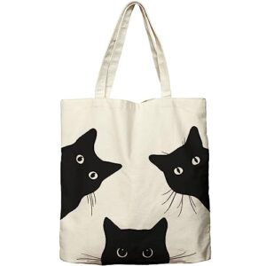 dlzdn black cat canvas tote bag for women aesthetic cute cat tote bag shopping grocery bag beach bag gifts for women teacher bag reusable bag