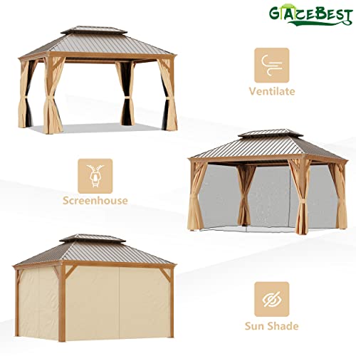 GAZEBEST 10' X 12' Permanent Hardtop Gazebo, Outdoor Galvanized Steel Double Roof Pavilion Canopy with Wood-Grain Coated Aluminum Frame and Privacy Curtains for Garden Patio,Backyard,Deck and Lawns