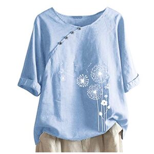 dasayo women cotton linen crew neck shirt tops dandelion print half sleeve tee top shirts trendy vintage comfy blouse shirt