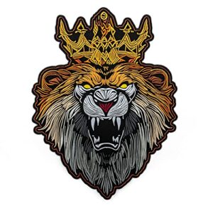 embroverse royal lion large back patch - golden king crown - angry wild animal head - embroidered iron on - 11.6 x 15.4 inches