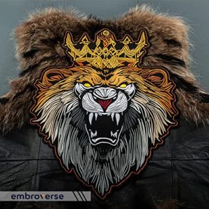 EMBROVERSE Royal Lion Large Back Patch - Golden King Crown - Angry Wild Animal Head - Embroidered Iron On - 11.6 x 15.4 inches