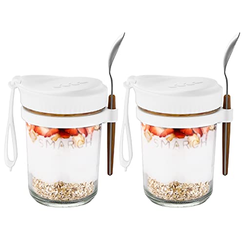 SMARCH Newest Overnight Oats Container with Lid and Spoon, 16 oz Glass Mason Jars with Lid, Upgrade Airtight Wide Mouth Oatmeal Jars for Meal Prep,Candy,Milk,Cereal,Fruit,Overnight Oats On The Go Container (White)