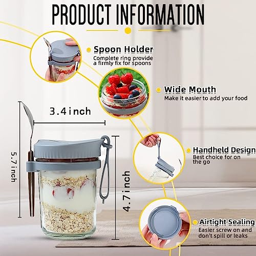 SMARCH Newest Overnight Oats Container with Lid and Spoon, 16 oz Glass Mason Jars with Lid, Upgrade Airtight Wide Mouth Oatmeal Jars for Meal Prep,Candy,Milk,Cereal,Fruit,Overnight Oats On The Go Container (White)