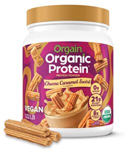 orgain organic vegan protein powder, churro caramel swirl - 21g plant based protein, gluten free, dairy free, lactose free, soy free, no sugar added, kosher, for smoothies & shakes - 1.02lb