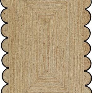 KALVEERA Jute Area Rug for Home and Living Room Décor Rectangular Scalloped Vintage Jute Area Rug Carpet Black 4' x 6'