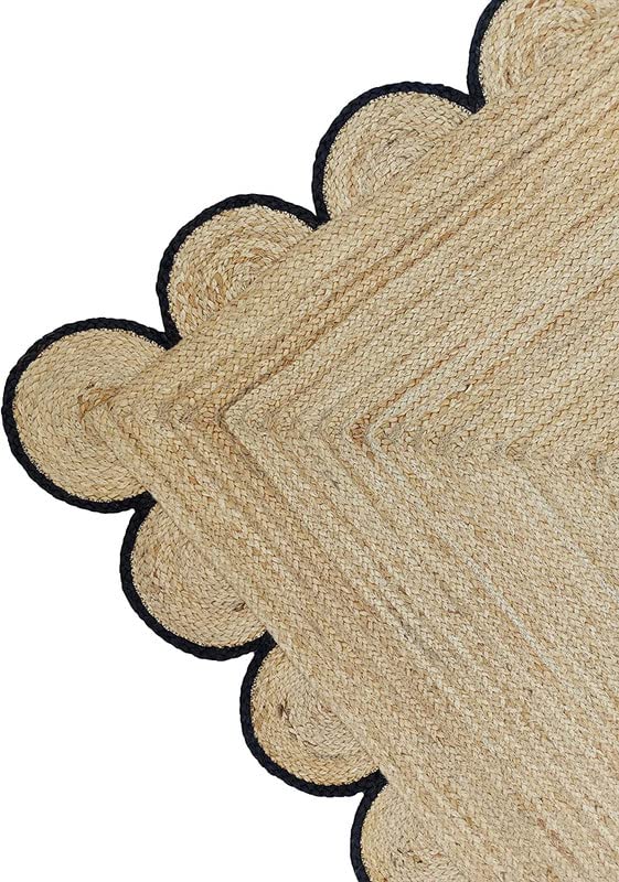 KALVEERA Jute Area Rug for Home and Living Room Décor Rectangular Scalloped Vintage Jute Area Rug Carpet Black 4' x 6'