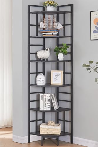 HOMISSUE 6 Tier Industrial Corner Shelf Unit, 76.9” Tall Corner Bookcase Storage Display Organizer Storage Stand for Home Office, Black