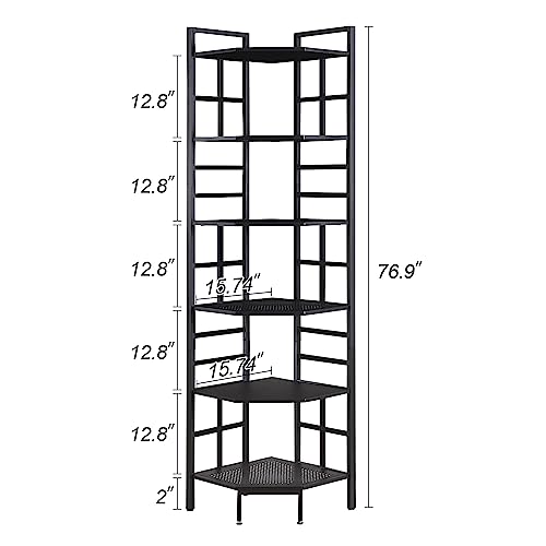 HOMISSUE 6 Tier Industrial Corner Shelf Unit, 76.9” Tall Corner Bookcase Storage Display Organizer Storage Stand for Home Office, Black