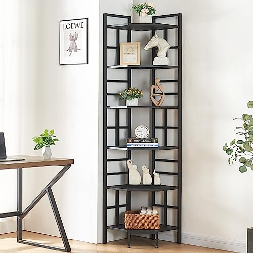 HOMISSUE 6 Tier Industrial Corner Shelf Unit, 76.9” Tall Corner Bookcase Storage Display Organizer Storage Stand for Home Office, Black