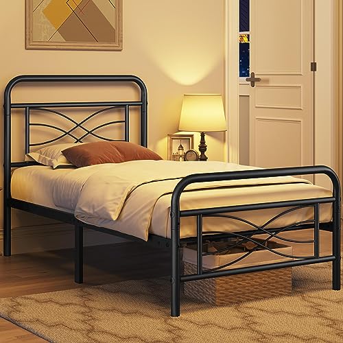 Topeakmart Twin Bed Frames Metal Bed with Vintage Style/Criss-Cross Design Headboard/Mattress Foundation/No Box Spring Needed/Under Bed Storage/Strong Slat Support Black Twin Bed