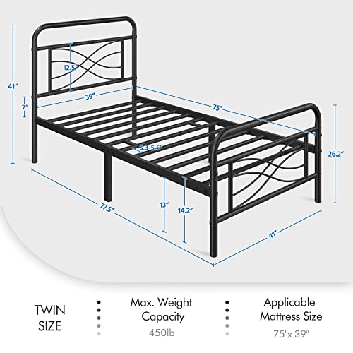 Topeakmart Twin Bed Frames Metal Bed with Vintage Style/Criss-Cross Design Headboard/Mattress Foundation/No Box Spring Needed/Under Bed Storage/Strong Slat Support Black Twin Bed