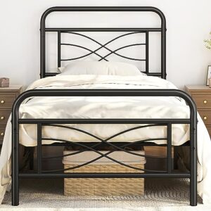 Topeakmart Twin Bed Frames Metal Bed with Vintage Style/Criss-Cross Design Headboard/Mattress Foundation/No Box Spring Needed/Under Bed Storage/Strong Slat Support Black Twin Bed